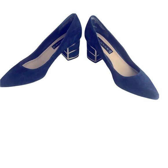 Gorgeous Blue Suede Shoes with Block Heel Caged in Gold from Steven Size by 8M - Picture 2 of 10